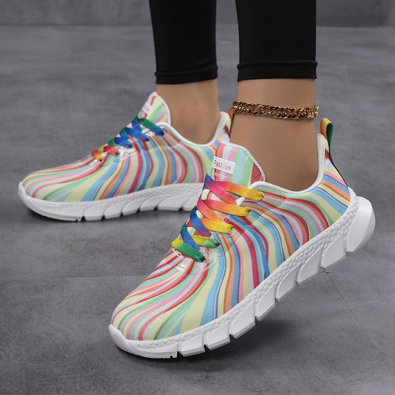 Women Rainbow Striped Sneakers - đánh giá và giá Knit Fabric Lace Up Sneakers