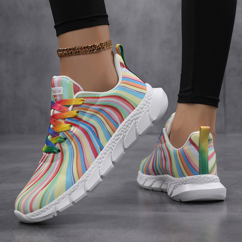 Women Rainbow Striped Sneakers - đánh giá và giá Knit Fabric Lace Up Sneakers